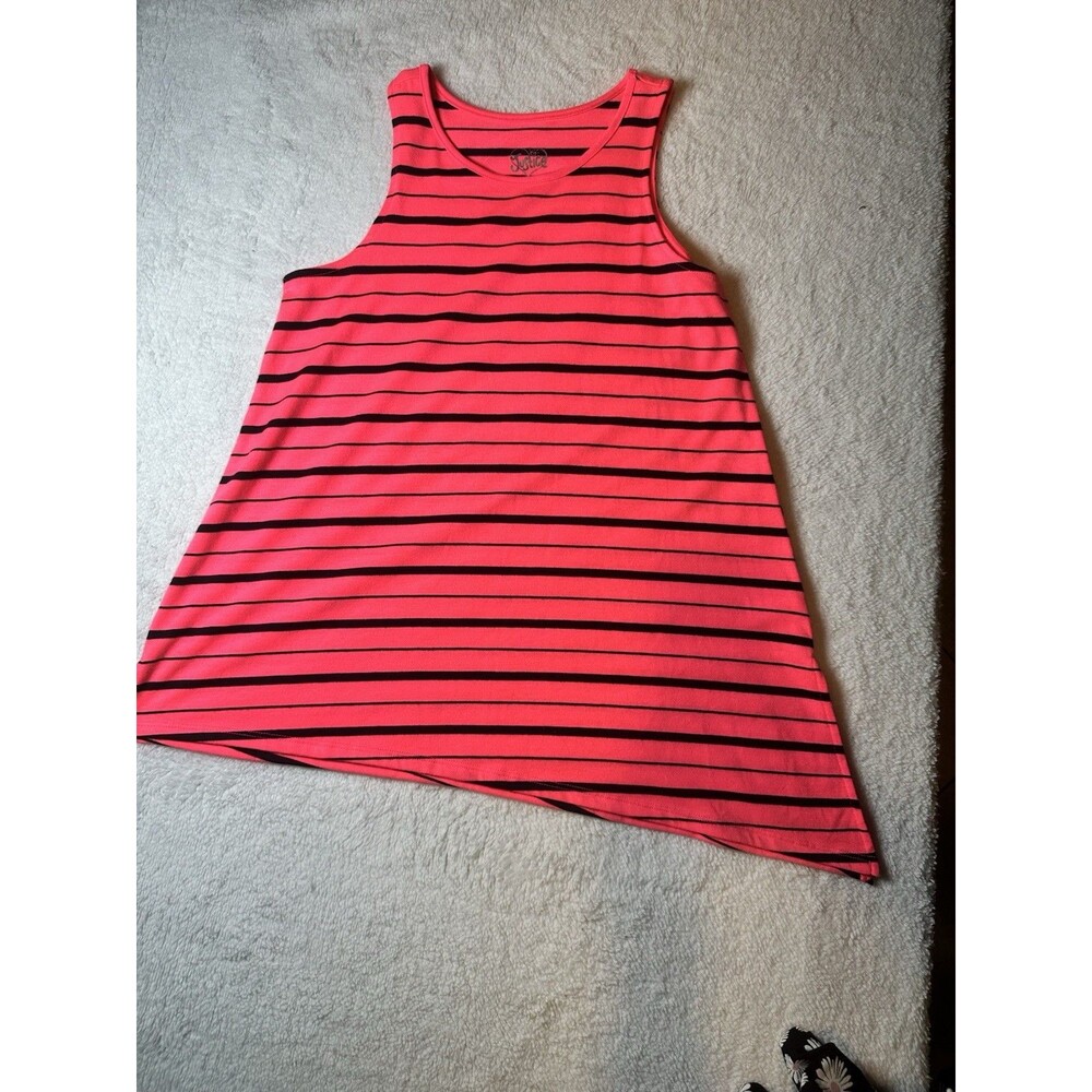 Justice Girl's sz 14 Pink Black Striped Stretch Sleeveless Assymetrical Tank Top